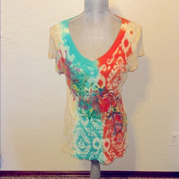 Tops - Colorful Peace sign Women's V-Neck Sheer Top Sz. Large